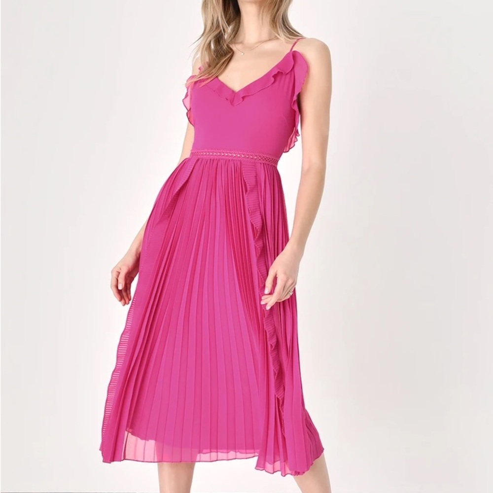 Never a Dull Moment Magenta Pink Tie-Strap Pleated Midi Dress